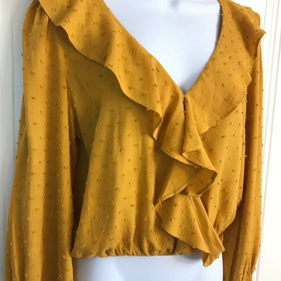 Lulus Women’s S Mustard Swiss Dot Ruffle Long Puff Sleeve Smocked Wrist Top EUC - Picture 14 of 16